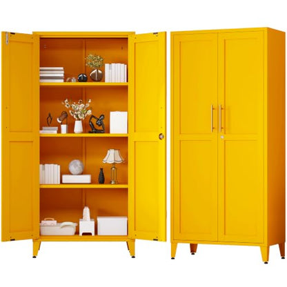 61" Tall Yellow Lockable Metal Storage Cabinet, Farmhouse Pantry Cabinet with 2 Square-Pattern Doors & 3 Adjustable Shelves, Freestanding Cupboard with Legs for Home, Office, Laundry, Entryway - color: Mustard, style: Cabinet-61"H-DL