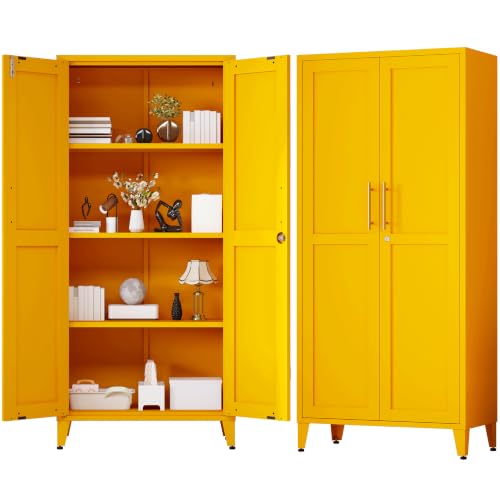 61" Tall Yellow Lockable Metal Storage Cabinet, Farmhouse Pantry Cabinet with 2 Square-Pattern Doors & 3 Adjustable Shelves, Freestanding Cupboard with Legs for Home, Office, Laundry, Entryway - color: Mustard, style: Cabinet-61"H-DL