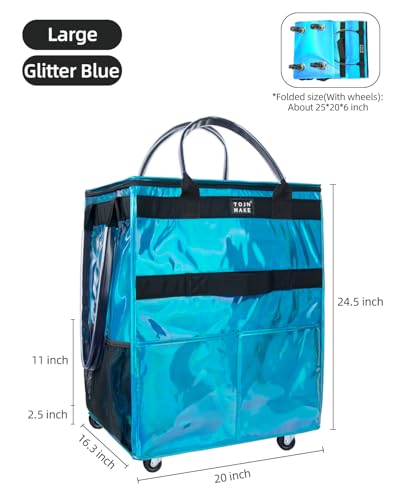 Reusable Grocery Bag with Wheels, Large Glitter Blue Rolling Tote - color: Glitter Blue, size: Large