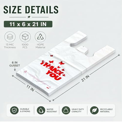 YoYoRain 1000 Count White Thank You T-Shirt Bags, 11 x 6 x 21 in - color: Red Design