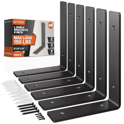 BATODA 8" Heavy Duty Shelf Brackets for Floating Shelves,Pack 6 Black Steel - size: 8 Inch