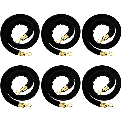 Fumete 6 Pcs Velvet Rope 4 Feet with Gold Hook Crowd Control, Black - color: Black