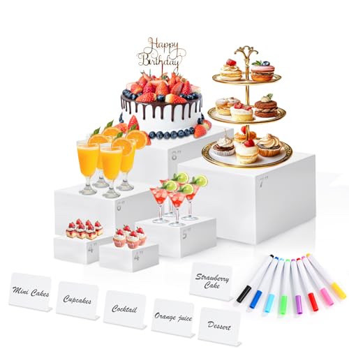 White Acrylic Buffet Risers and Stand Food Risers with Mini Sign and Maker - color: 8" 7" 6" 5" 4" 4"