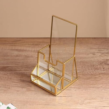 Feyarl Gold Glass Brochure Holder Pamphlets Cards Literature Holder Flyer for 4" Trifold Holder Glass Display Stand with Business Card Holder for Brochures Magazines Literatures Display Countertop