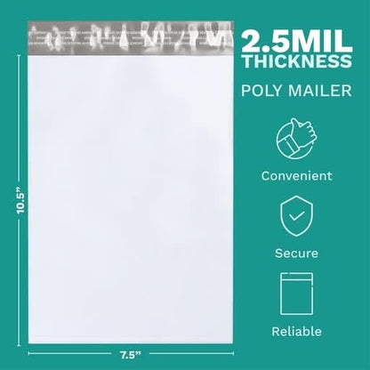 7.5" x 10.5" Poly Mailer Envelopes - 200 Count, Self Seal White Plastic Mailing Bags with Adhesive Strip, 2.5 Mil Thick, Waterprrof & Tear/Puncture Proof Unpadded Shipping Mailers - GPI - size: 7.5" x 10.5"