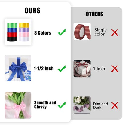 NESCCI 200 Yards Ribbon,1-1/2 Inch Satin Ribbon,Single Face Satin Ribbons - color: 8 Colors-A, size: 1-1/2 Inch | 25 yards