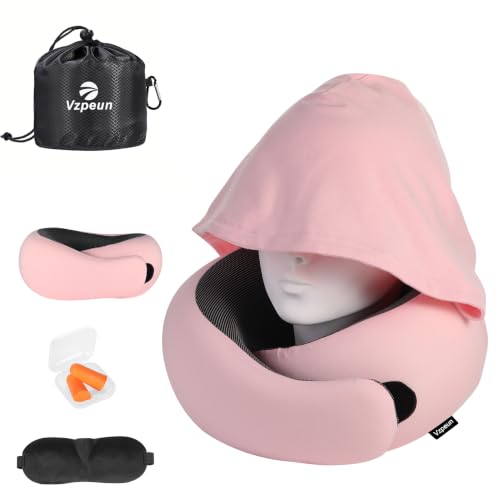 Travel Pillow - Hooded Neck Pillow Airplane Memory Foam Filling - color: Pink