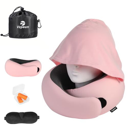 Travel Pillow - Hooded Neck Pillow Airplane Memory Foam Filling - color: Pink