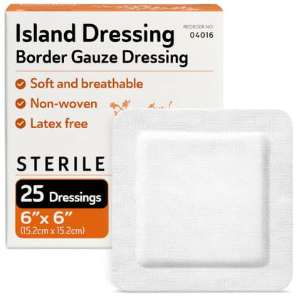 Bordered Gauze Island Dressing 6x6-25 Large Adhesive Bandages for Wound Protection - Good for Hospitals, Medical Facilities, First Aid Kits, and More - style: 6x6