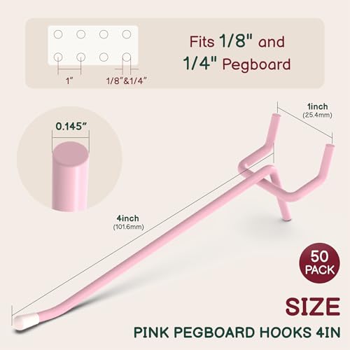 50-Pack Pink Pegboard Hooks 4 Inch - Fits 1/8 and 1/4 Inch Boards - color: Pink, size: 4 Inch