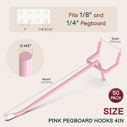 50-Pack Pink Pegboard Hooks 4 Inch - Fits 1/8 and 1/4 Inch Boards - color: Pink, size: 4 Inch