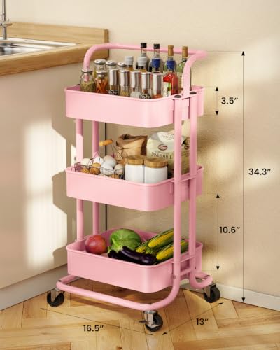 Pipishell Metal 3 Tier Rolling Cart with Handle & 2 Lockable Wheels, Pink - color: Pink, size: 3-Tier