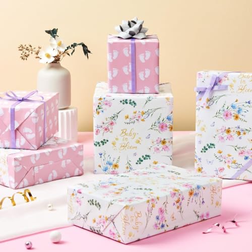WERNNSAI Baby Shower Wrapping Paper 17 In x 33 Ft Pink Floral Gift Wrap - color: Girl Baby Floral