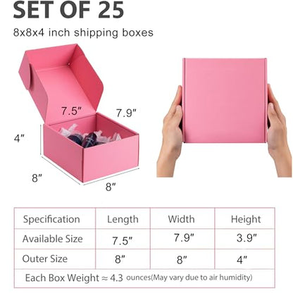 8x8x4 inch Pink Shipping Boxes for Small Business- Set of 25 - color: Pink, size: 8x8x4 Inch
