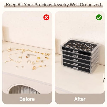 Frebeauty Extra Large Acrylic Jewelry Box for Women 5 Layers Clear Jewelry Organizer Velvet Earring Box with 5 Drawers Rings Display Case Necklaces Holder Tray for Women Girls (Black) - color: Black