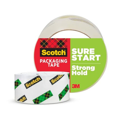 Scotch Sure Start Shipping Packaging Tape, 1.88" x 54.6 yd, Designed for Packing, Shipping and Mailing, Quiet Unwind, No Splitting or Tearing, 3" Core, Clear, 1 Roll (345) - size: 1 Roll