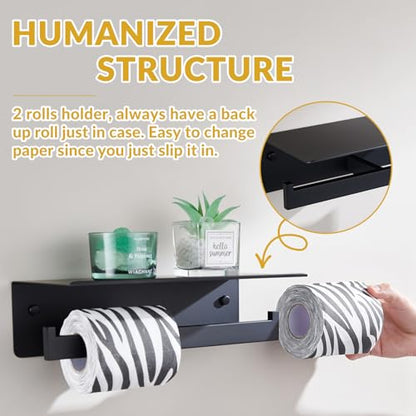 APLusee Matte Black Double Toilet Paper Holder with Shelf, Wall Mounted - color: Matte Black, size: Double Rod