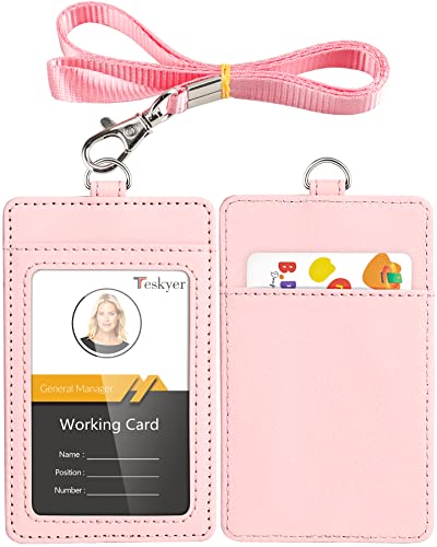 Teskyer Leather ID Badge Holder with Lanyard, Vertical Starry Pink - color: Starry Pink, size: Vertical