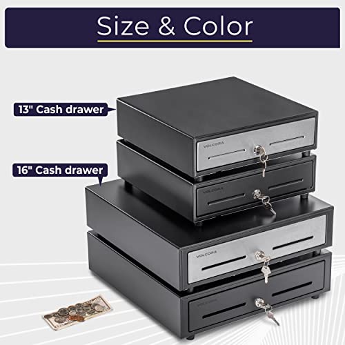 Volcora 13" Manual Push Open Cash Register Drawer for Point of Sale (POS) System, Black Heavy Duty Till with 4 Bills and 5 Coin Slots, Key Lock with Fully Removable Money Tray and Double Media Slots