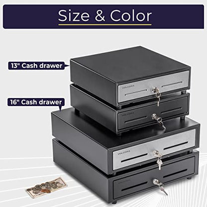 Volcora 13" Manual Push Open Cash Register Drawer for Point of Sale (POS) System, Black Heavy Duty Till with 4 Bills and 5 Coin Slots, Key Lock with Fully Removable Money Tray and Double Media Slots