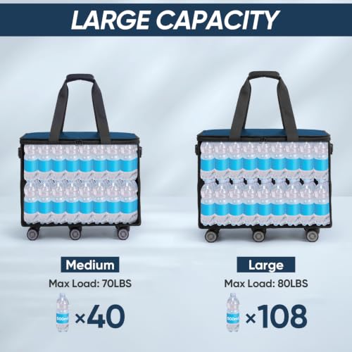 BALEINE Reusable Grocery Bag on Wheels, Foldable Rolling Tote Bag - color: Navy- Wide, size: Medium