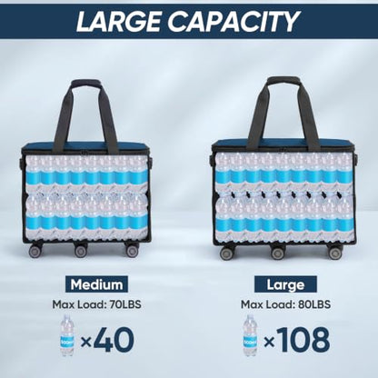 BALEINE Reusable Grocery Bag on Wheels, Foldable Rolling Tote Bag - color: Navy- Wide, size: Medium