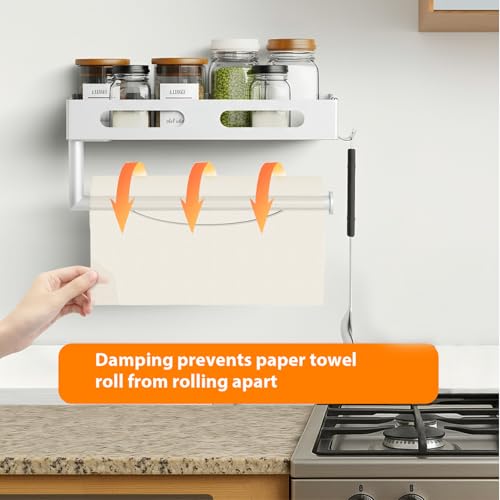 Paper Towel Holder Wall Mount for Kitchen, Paper Towel Holder with Shelf for Bathroom, RV Paper Towel Rack with 2 Hooks, White - color: White