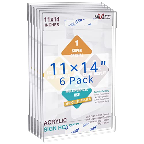 NIUBEE 11x14 Acrylic Sign Holder Wall Mount Clear Frame 6 Pack - size: 11x14"