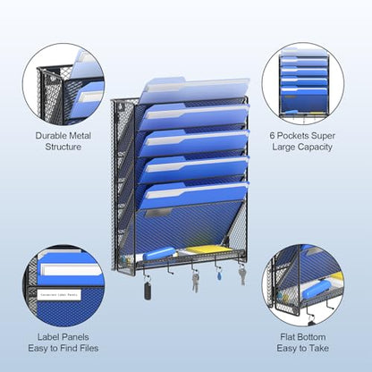 OUTWOLF Hanging Wall File Organizer with Hooks, 6 Tier Vertical Wall Mount File Holder, Paper Document Mail Organizer for Office - color: Hook