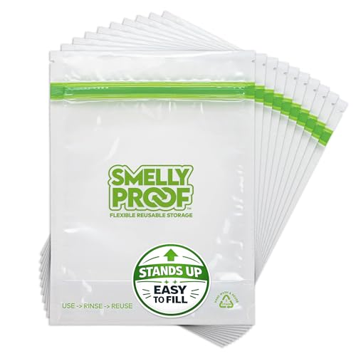 Smelly Proof 10 x Expandable Stand & Fill REUSABLE Storage Bags for Food Designed & Mfg in US, BPA FREE, NO PEVA, Reusable Sandwich Bags, Dishwasher-Safe, Clear 3 mils STAND UP 6.5" x 7.5" - 10pk - size: 10pk, Med 6.5x7.5" - Sandwich