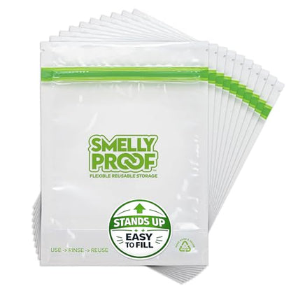 Smelly Proof 10 x Expandable Stand & Fill REUSABLE Storage Bags for Food Designed & Mfg in US, BPA FREE, NO PEVA, Reusable Sandwich Bags, Dishwasher-Safe, Clear 3 mils STAND UP 6.5" x 7.5" - 10pk - size: 10pk, Med 6.5x7.5" - Sandwich