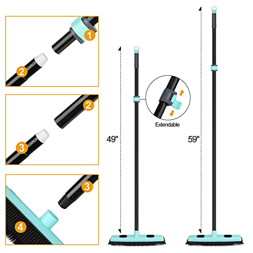 Rubber Broom Carpet Rake for Pet Hair Removal, Fur Remover Broom with 59" Telescoping Long Handle, Pet Hair Broom with Squeegee for Carpet, Hardwood Floor, Tile - color: Elegant Blue Rubber Broom