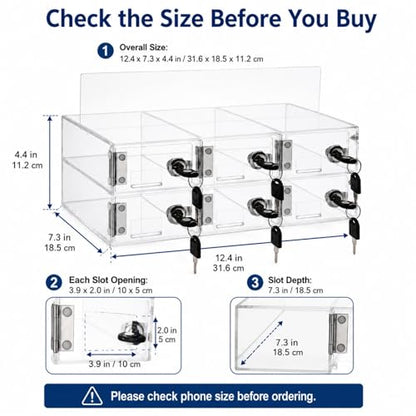 YOUNTHYE 6 Slot Cell Phone Locker, Clear Acrylic Phone Lock Box with Individual Keys, Wall Mounted Phone Storage Cabinet for Classroom, Office, Employees, Meetings and Small Teams