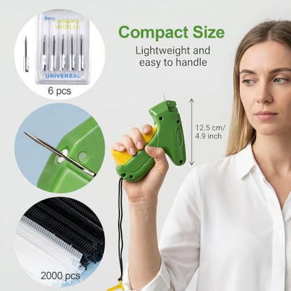 Handheld Stitch Tag Gun for Clothes, Quick Clothing Fixer, Tagging, Sewing Kit Includes 6 Needle, with 1000 Black Fasteners & 1000 White Fasteners，Green Yellow New Version