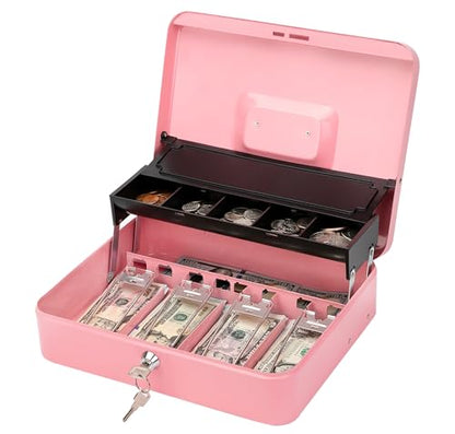 Jssmst Metal Cash Box with Money Tray and Lock, Portable Cash Drawer, 11.8" - color: Pink Key-C