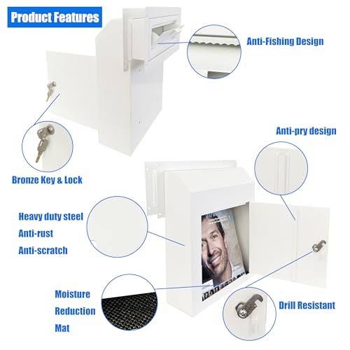 Through-the-Door Mailbox with Key Lock & Rear Access - color: White, size: Large