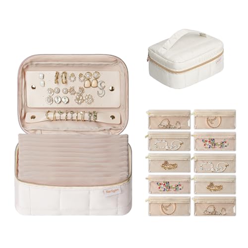 KarSyon Travel Jewelry Case Organizer Boxes with 10 Velvet Zipper Pouches - color: Beige, size: Large