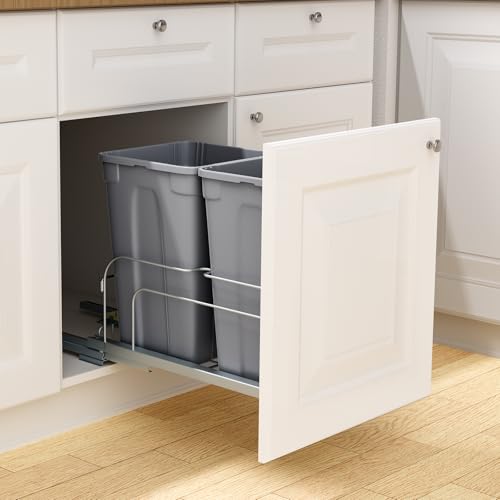 VEVOR Pull-Out Trash Can, 27 QT x2 Double Under Mount Kitchen Waste Container, Heavy Duty Garbage Recycling Bin with Door Kit and Soft Close Slide, for Kitchen Cabinet, Sink, Under Counter (Grey) - size: 54 QT (27 QT x 2), style: With Soft Close