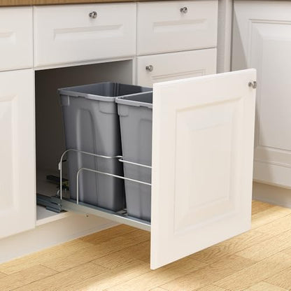 VEVOR Pull-Out Trash Can, 27 QT x2 Double Under Mount Kitchen Waste Container, Heavy Duty Garbage Recycling Bin with Door Kit and Soft Close Slide, for Kitchen Cabinet, Sink, Under Counter (Grey) - size: 54 QT (27 QT x 2), style: With Soft Close