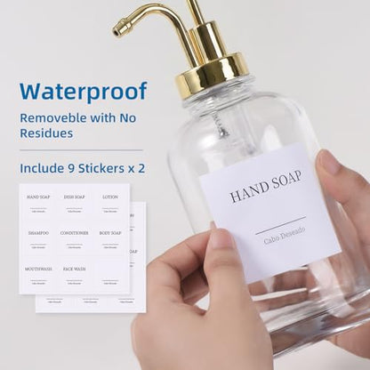 Glass Soap Dispenser with Pump, Dish and Hand Soap Dispenser for Kitchen Bathroom Set, Clear Glass Dispenser Set of 2 Pack with 18 Stickers Funnel Bamboo Tray 500ml 18oz / Each Bottle Gold Pump - color: Glass+gold Pump