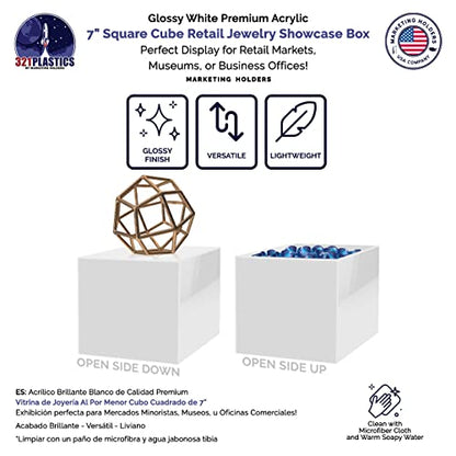 4 Pack 7 Inch White Acrylic Display Box Versatile Square Plexiglass Retail Product Storage Bin or Merchandise Riser with One Open Side No Assembly by Marketing Holders - size: 7" x 7" x 7" White