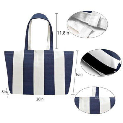 Large Canvas Tote Bag Reusable Extra Big Grocery Bags - color: Blue White Stripe