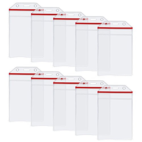 Wisdompro 10 Pack Vertical Thick Clear ID Badge Holder with Ziplock, Red - color: Red Zip, size: 10 Pack Vertical