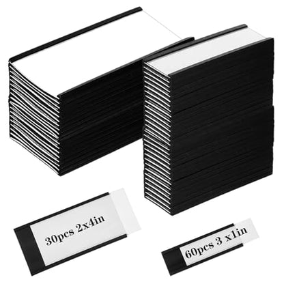 90 Pack C Channel Magnetic Label Holders for Metal Racks and Shelves with Paper Inserts and Clear Plastic Protectors, Magnetic Data Card Holders, File Cabinet Labels (1" x 3" and 2'' x 4'')