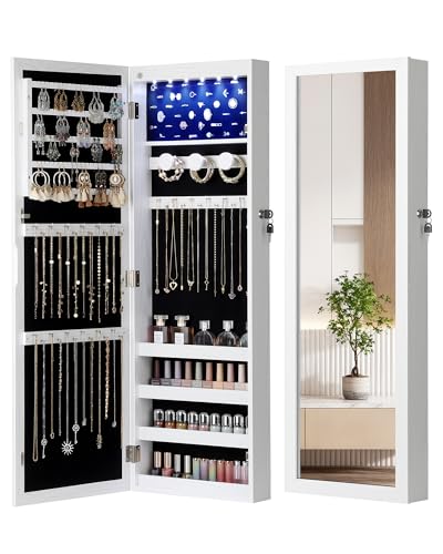 Nicetree 6 LEDs Jewelry Armoire, Hanging Mirror Jewelry Cabinet, White - color: White