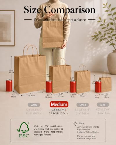 qiqee 30-Packs Brown Gift Bags with Handles Bulk 10.8"x8.3"x4.3" Medium Size Kraft Paper Bags Multiple Uses (Medium Size) - size: Medium - 30 Packs