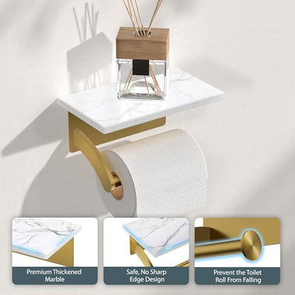 FORIOUS Natural Marble Toilet Paper Holder with Phone Shelf, Commercial - color: Brushed Gold, size: Single Roll