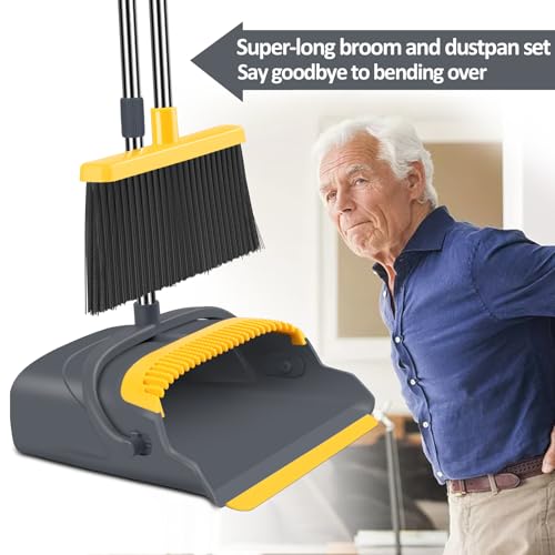 Upgrade Broom and Dustpan Set, Broom with Dustpan Combo Set, Self-Cleaning with Dustpan Teeth, Indoor&Outdoor Sweeping, Stand Up Broom and Dustpan (Gray&Yellow) - color: Gray&yellow