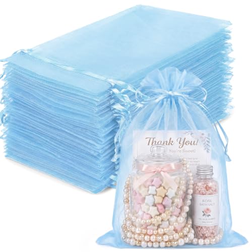 FUNFERY 100Pcs Baby Blue Organza Bags 5x7 in,Small Mesh Drawstring Gift Bag - color: Baby Blue