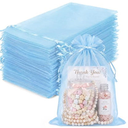 FUNFERY 100Pcs Baby Blue Organza Bags 5x7 in,Small Mesh Drawstring Gift Bag - color: Baby Blue